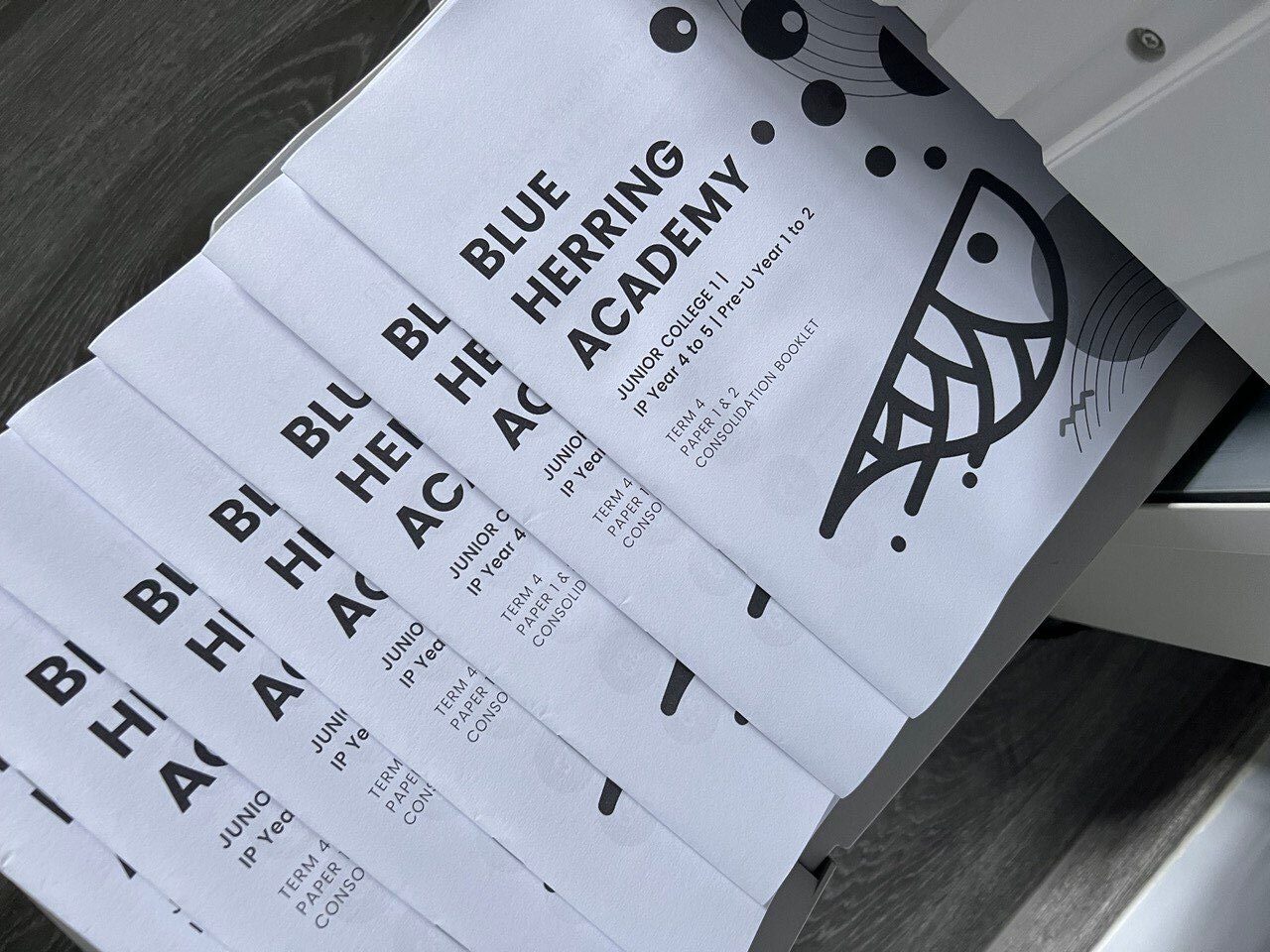 Stacked Blue Herring Academy booklets fanned out.