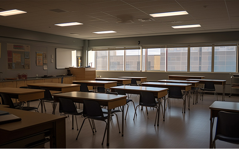 Empty Blue Herring Academy classroom for O-Level English.