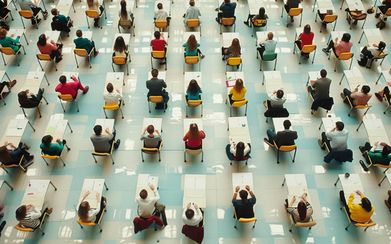 Students taking Secondary English examination in large study hall.