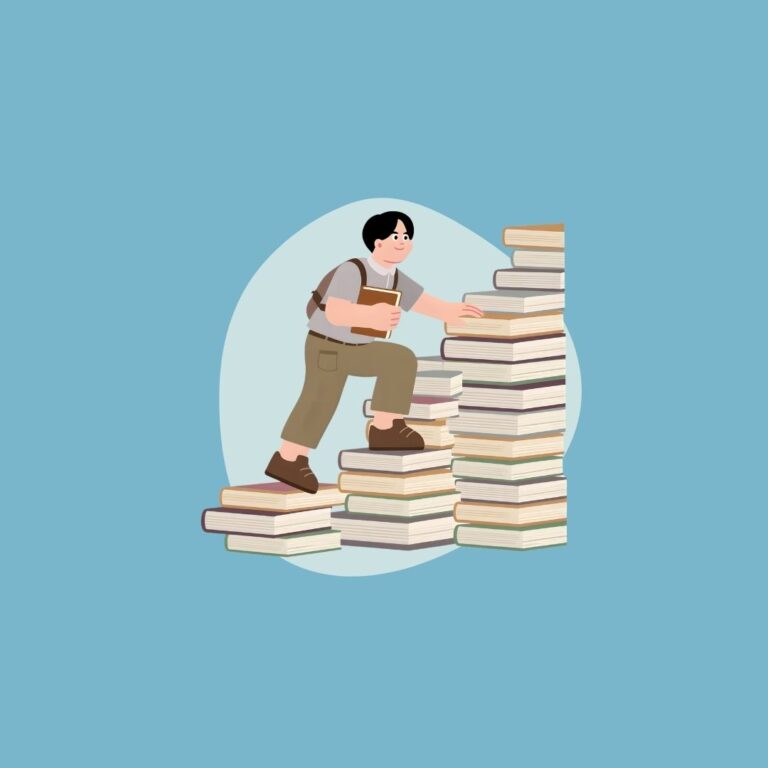 Student climbing book stairs for H1 General Paper knowledge.