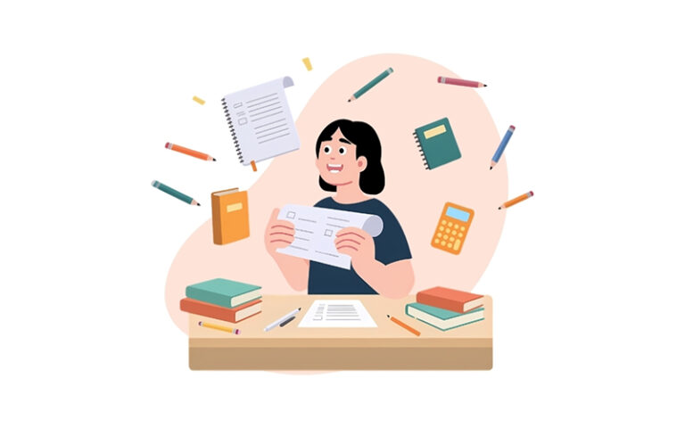 Illustration of student reviewing paper for A-Level GP exam