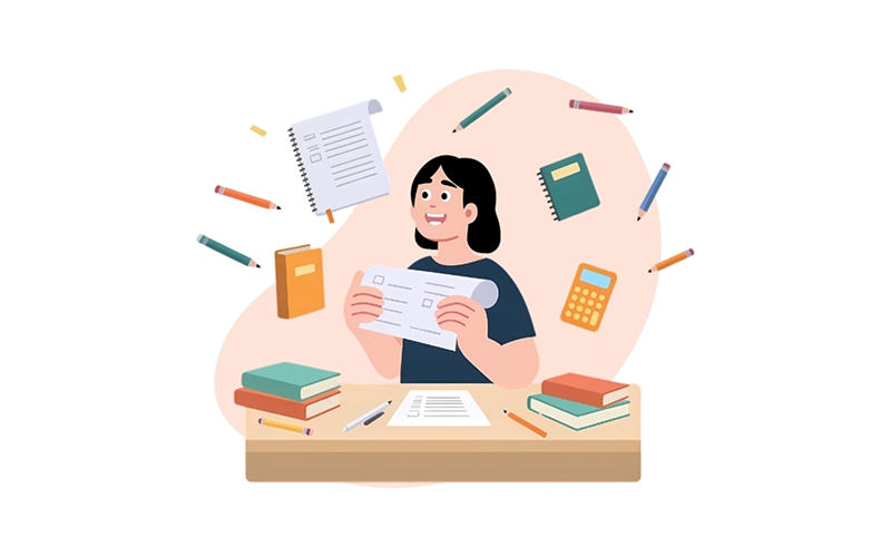Illustration of student reviewing paper for A-Level GP exam