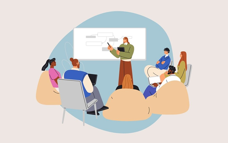 Illustration of teacher explaining lesson flow to English students.